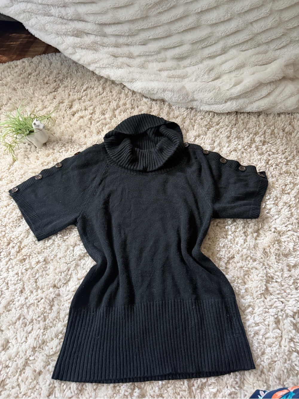 Artisan Black Short-Sleeve Turtleneck Sweater with Shoulder Button Trim
